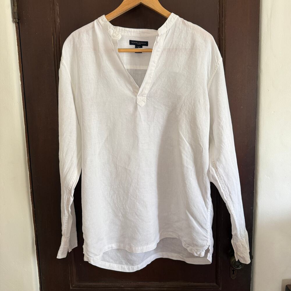 BANANA REPUBLIC | White Linen Popover Split Neck Tunic Shirt | Medium